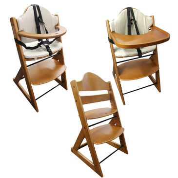 Wooden Baby High Chair 3in1 with Tray and Bar (Teak) - Baby Highchair